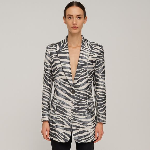 Caché Jacquard Blazer Size 10 Metallic Zebra Floral Print Longline Vintage Y2k - Picture 2 of 16